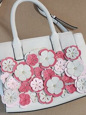 Liz Claiborne Floral Applique Satchel Top Handle Zip Detachable Strap White Pink